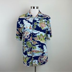 Saddlebred Blue Green Tropical Button Down Shirt Men Casual Medium